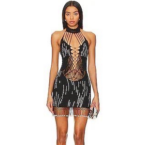 Poseidon Dress Shapewear Choker Neck Fringe Dress in Black
